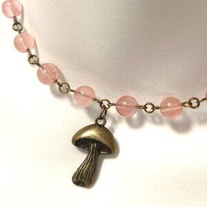 Cute Cherry Quartz Bronze Slim Mushroom Pendant Adjustable Choker
